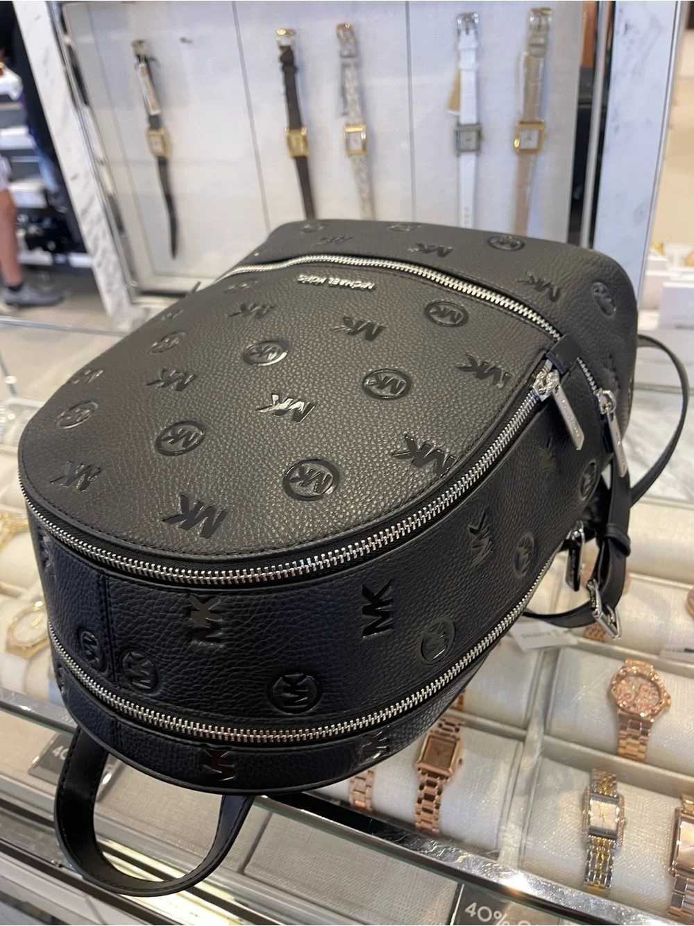 Michael Kors Rhea Medium Zip MK Logo Debossed Backpack Black NWT